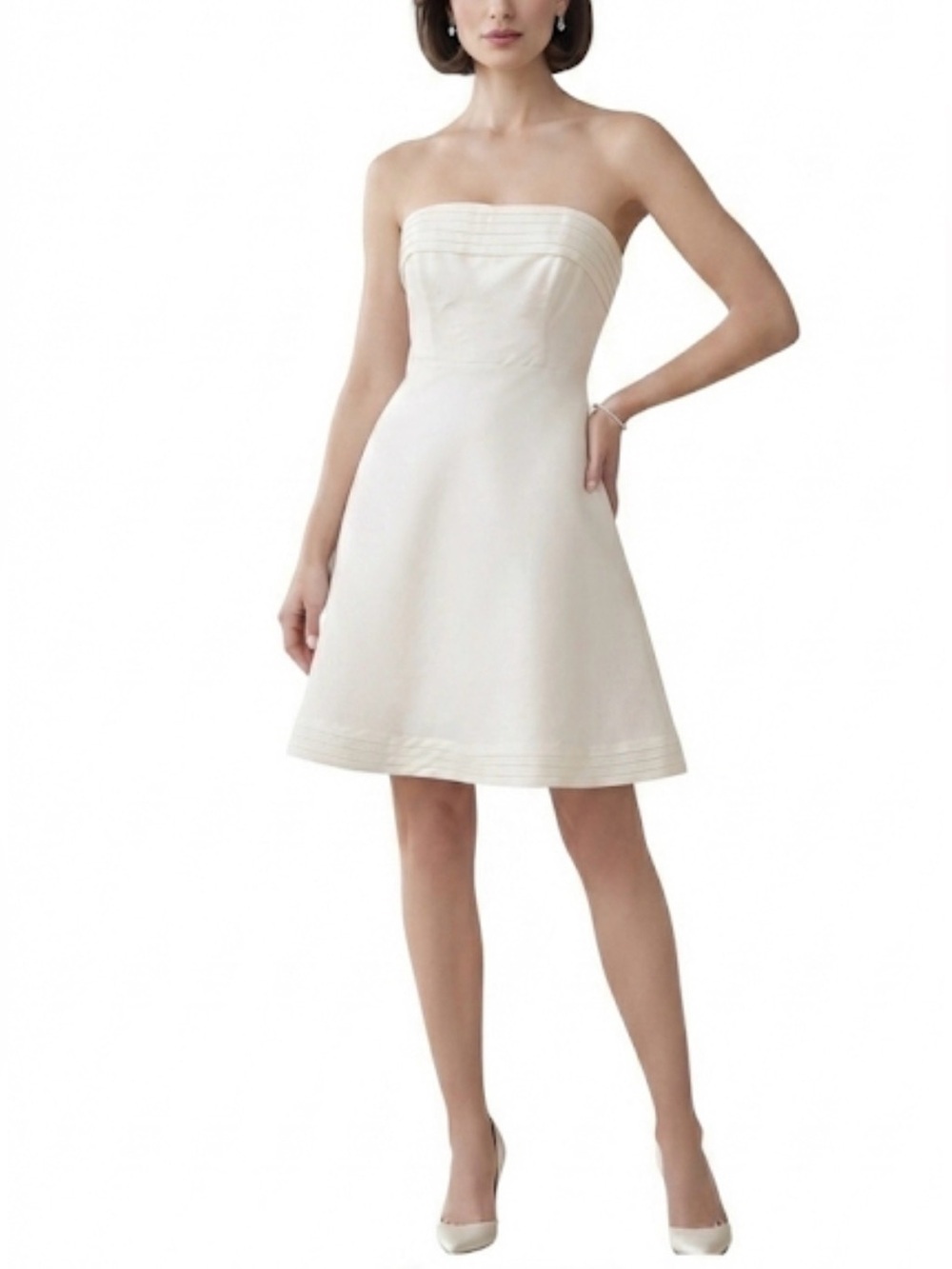 Monique Lhuillier 100% Silk Strapless Mini Bridal Dress Ivory: Size 14 Pintuck